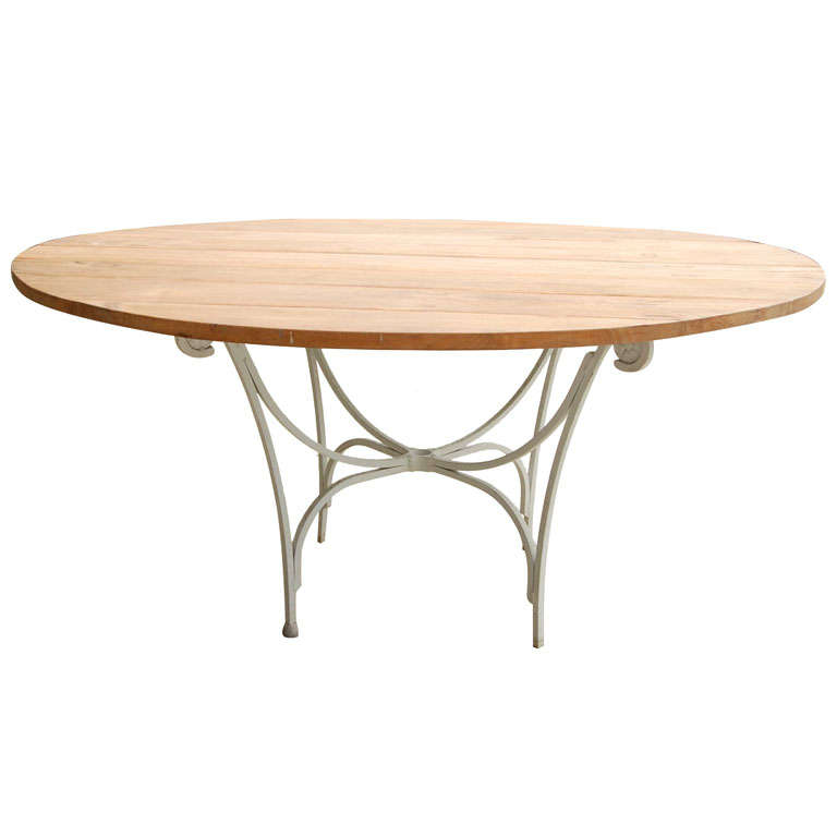 Indoor or Outdoor Round Teak and Metal Base Garden Dining Table at 1stDibs