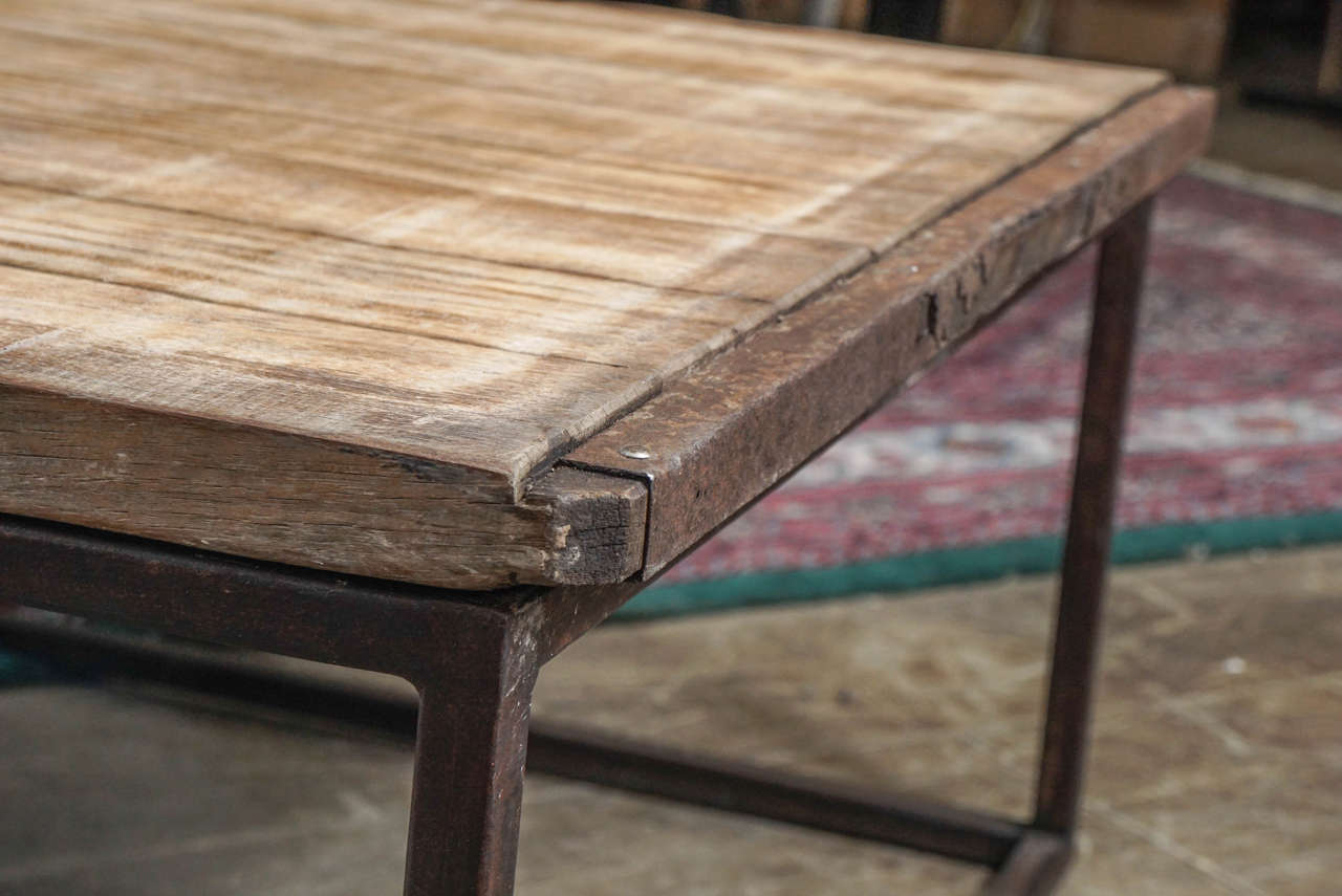 Welded Industrial-Style Plank Top Coffee Table For Sale