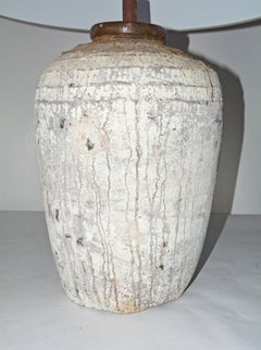 Large Rustic Chinese Storage Jar Lamp Base with Linen Shade