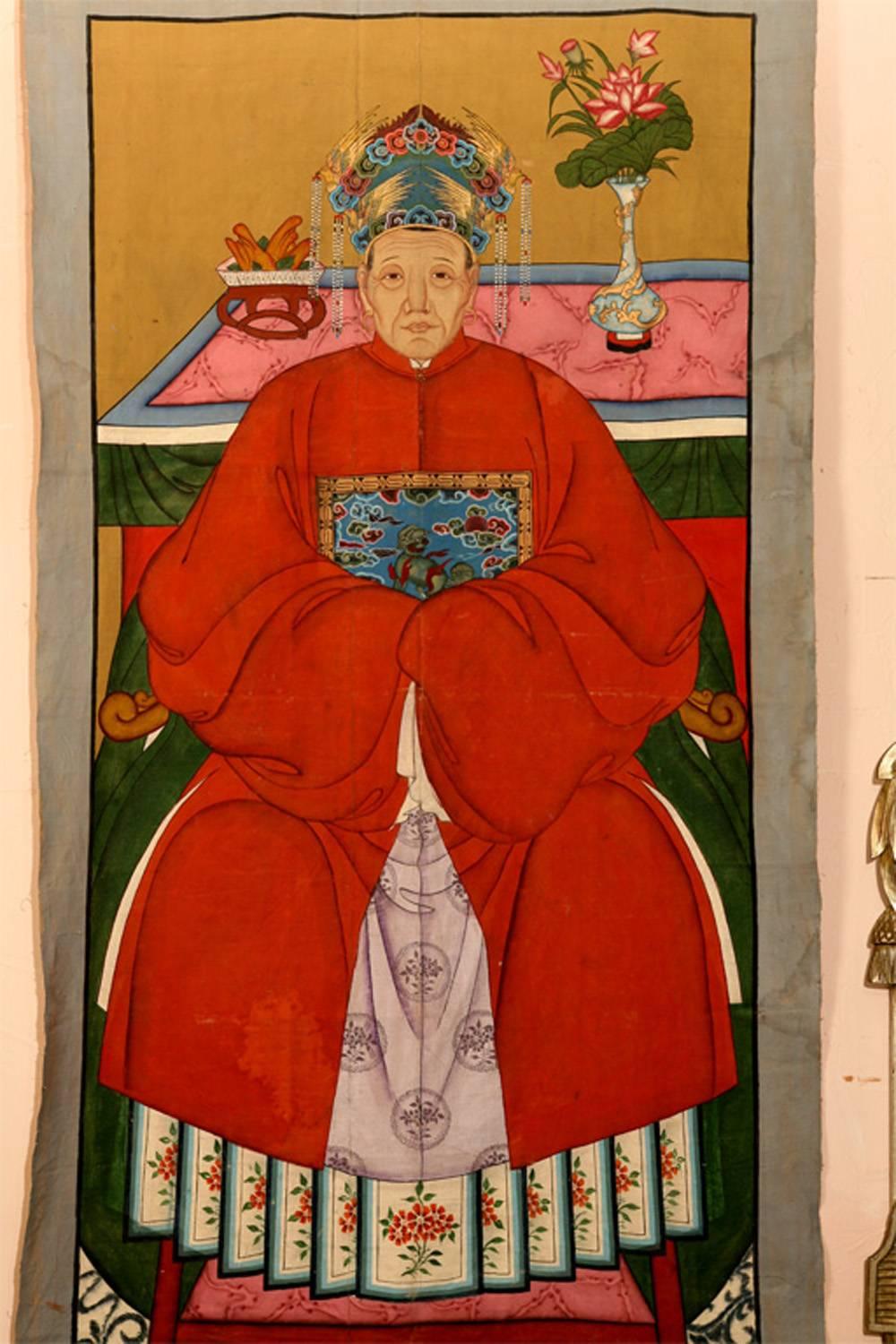 Chinese ancestral portrait, the individual is the matriarch of a high ranking official as identified by the rank badge on the chest.
     