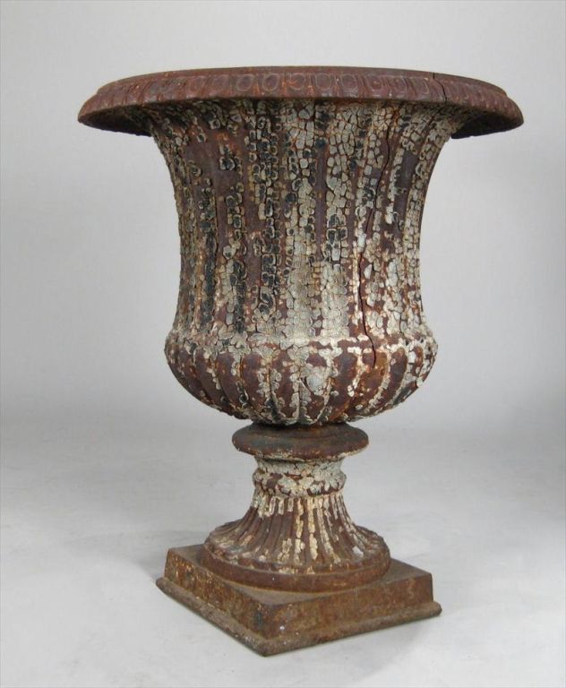 2 Cast Iron Classical  Garden Urns In Distressed Condition For Sale In Sheffield, MA