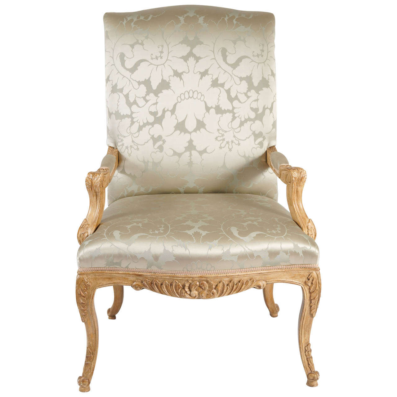 Louis XIV style Throne chair with silk damask upholster with carved and faux painted frame.