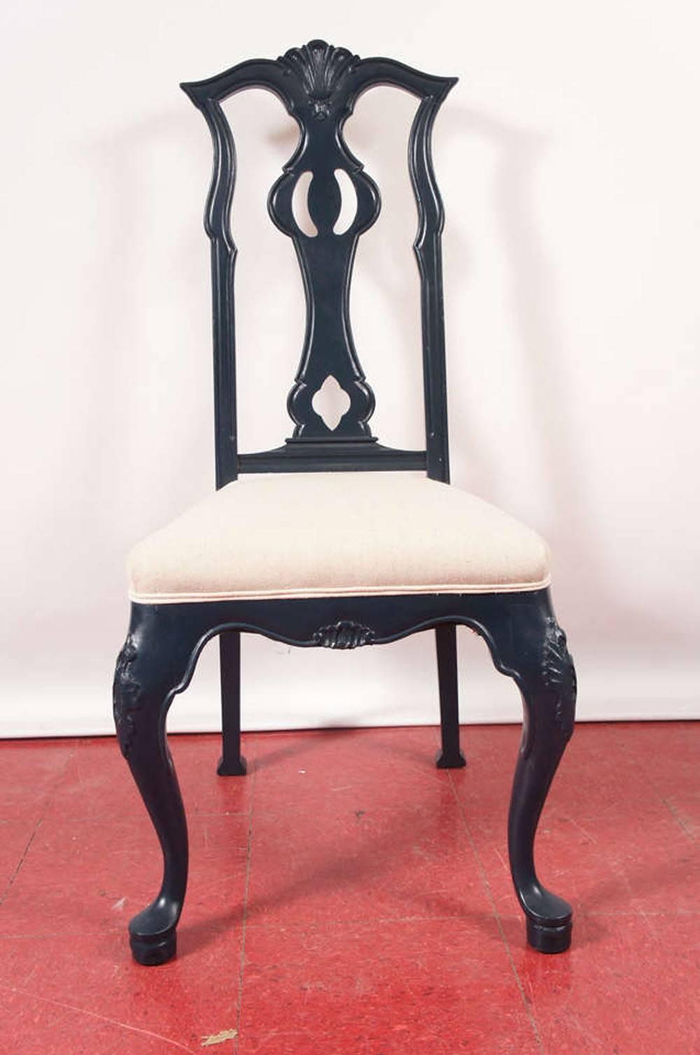 Painted dark blue with beige linen seats, these Venetian style side chairs fit the bill lots of style with tall, elegant backs, cabriole legs and generously deep seats. Great pull-up chairs for the dining table, the desk, the living room, and for