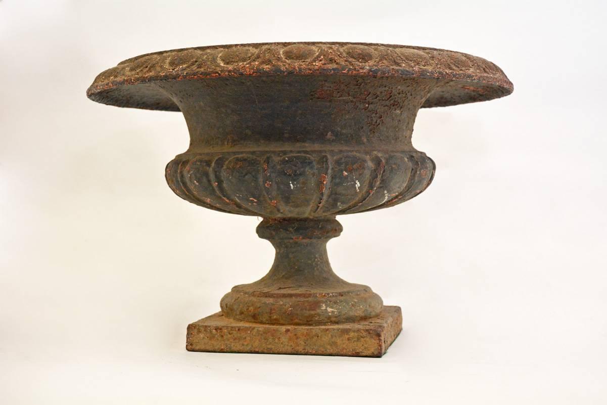Small late Victorian garden urn is made of cast iron and has a classical shape and design in original paint -- showing character and beauty and imperfections. Opening in the bottom for draining purposes.