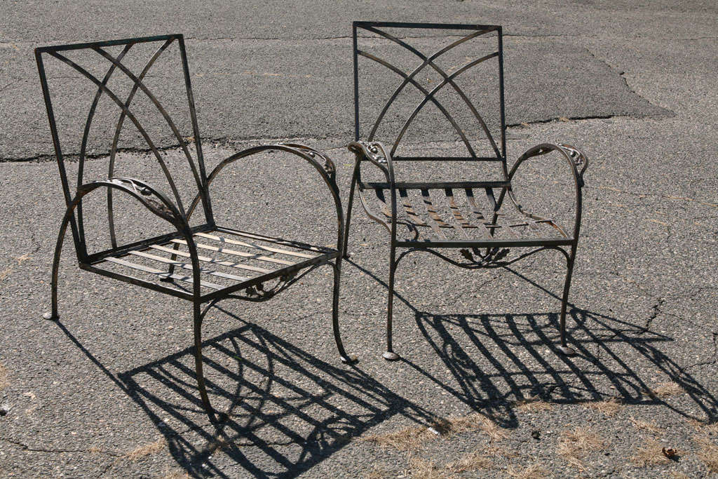 Pair of stylish wrought iron metal armchairs. Can be used indoor or outdoor. They are not identical but close enough. Dimensions of chair #2: 33 H x 26 L x 30 D.



 