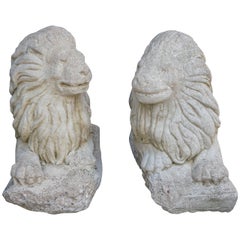 Antique Pair of Sculpted Stone Lion Garden Statues