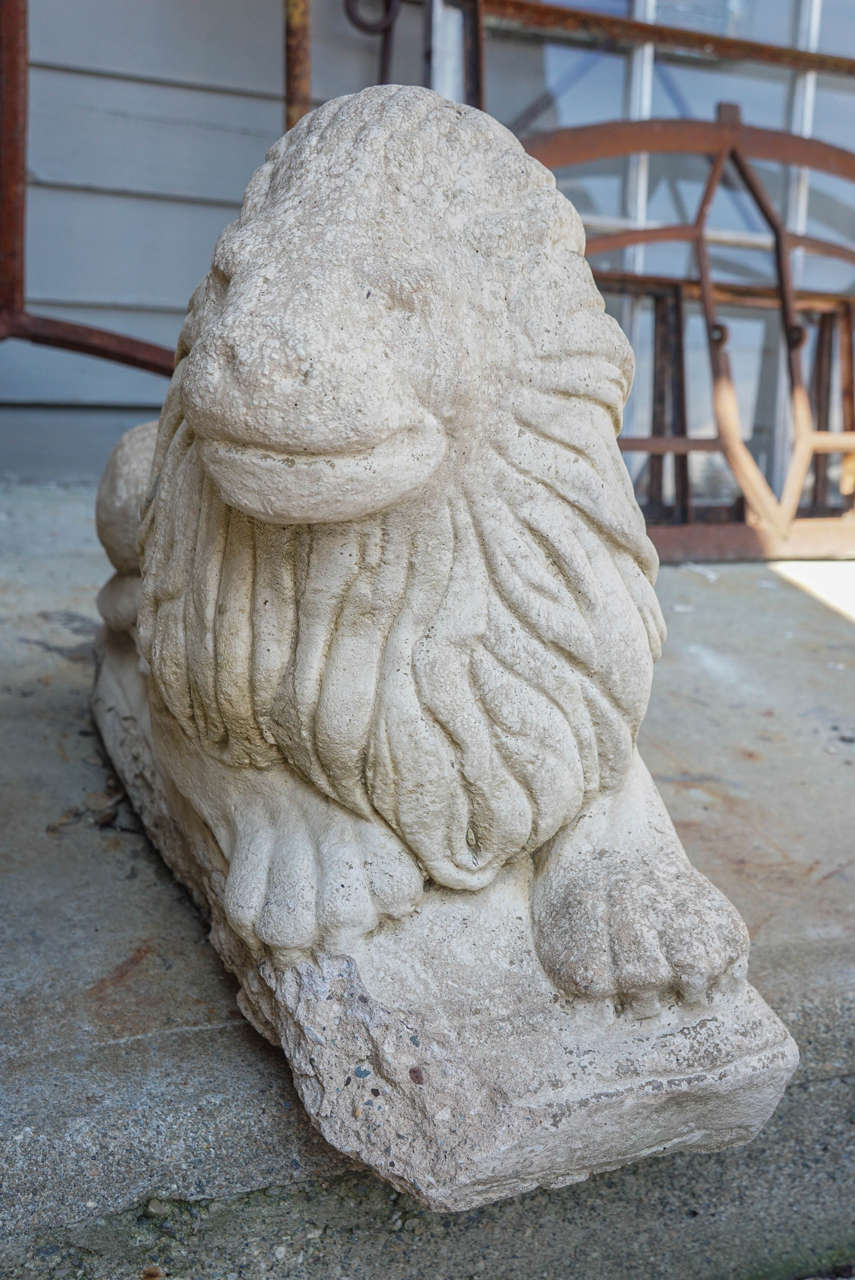 French Pair of Sculpted Stone Lion Garden Statues For Sale