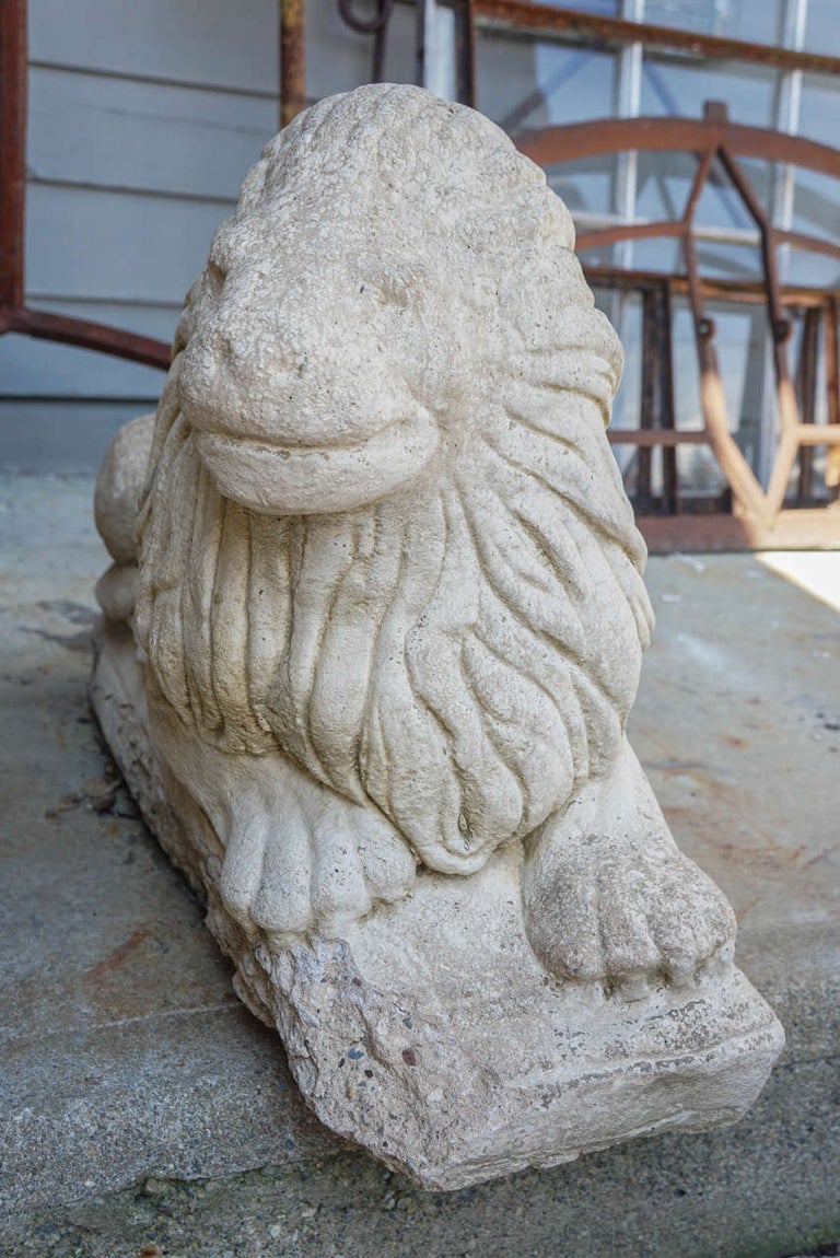 Pair of Sculpted Stone Lion Garden Statues For Sale at 1stDibs