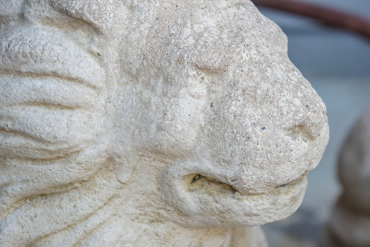 Hand-Carved Pair of Sculpted Stone Lion Garden Statues For Sale