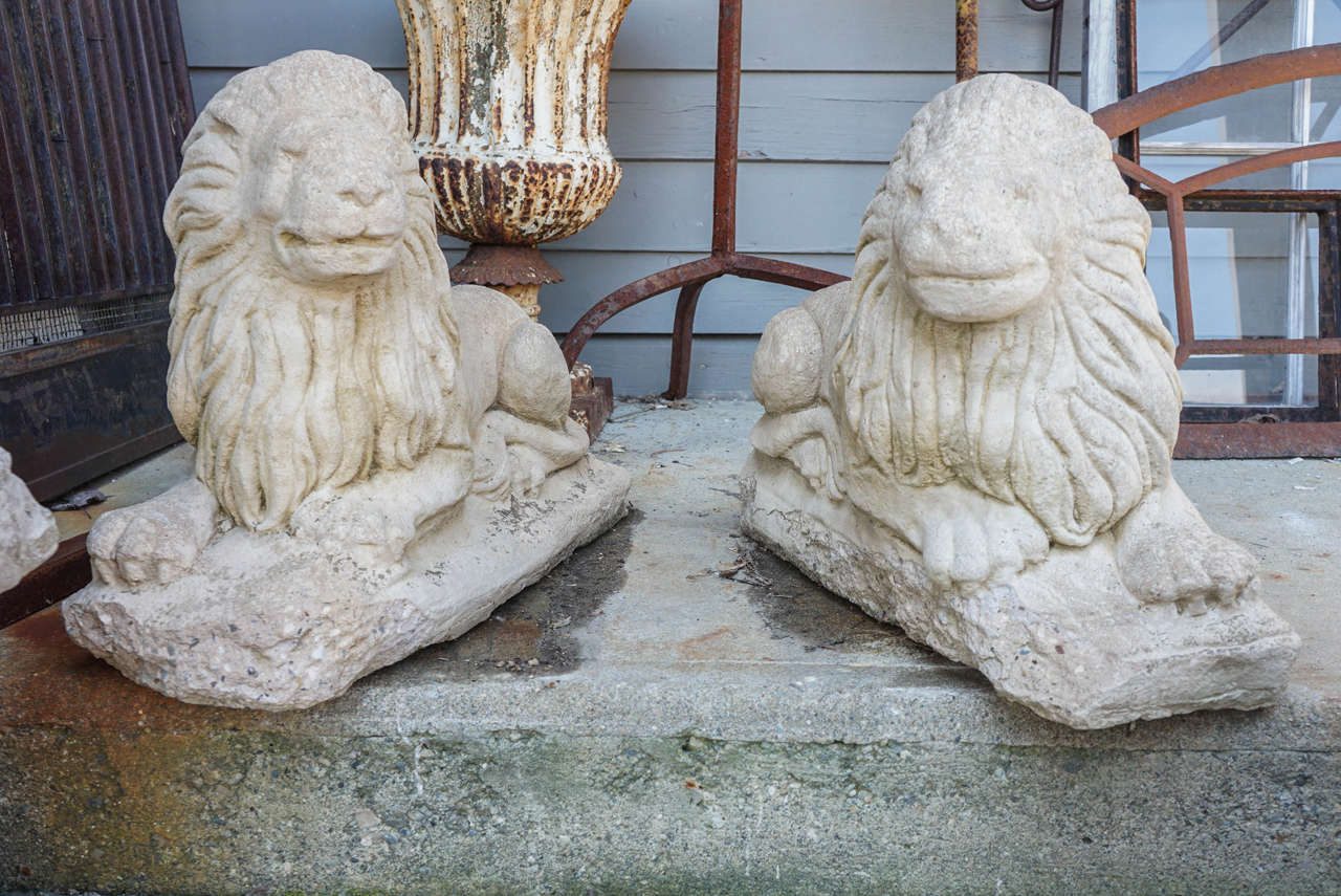 19th Century Pair of Sculpted Stone Lion Garden Statues For Sale