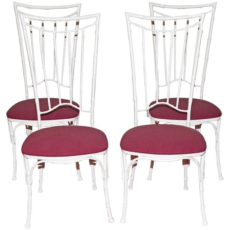 Four Painted Faux Bamboo Wrought Iron Garden Dining Chairs For Sale at