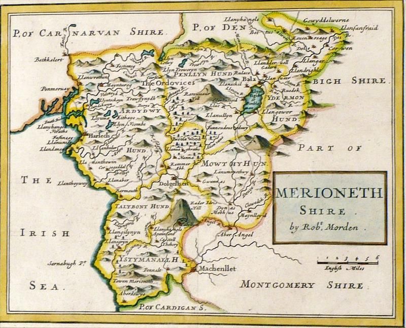 Quatre cartes polychromes non encadrées de Rob Morden comprenant le Cardiganshire, le Carnarvonshire, le Radnorshire et le Merionethshire.