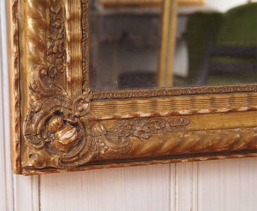Rectangular French mirror 19th century gesso with gilt undulating and rope design. Can be hung vertically or horizontally, for mantel or fireplace. Original mirror.
 