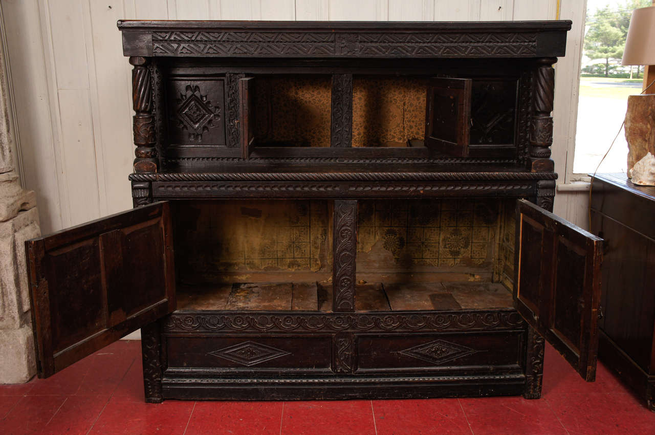 British 17th Century Jacobean Carved Oak Two-Piece Sideboard Cupboard For Sale