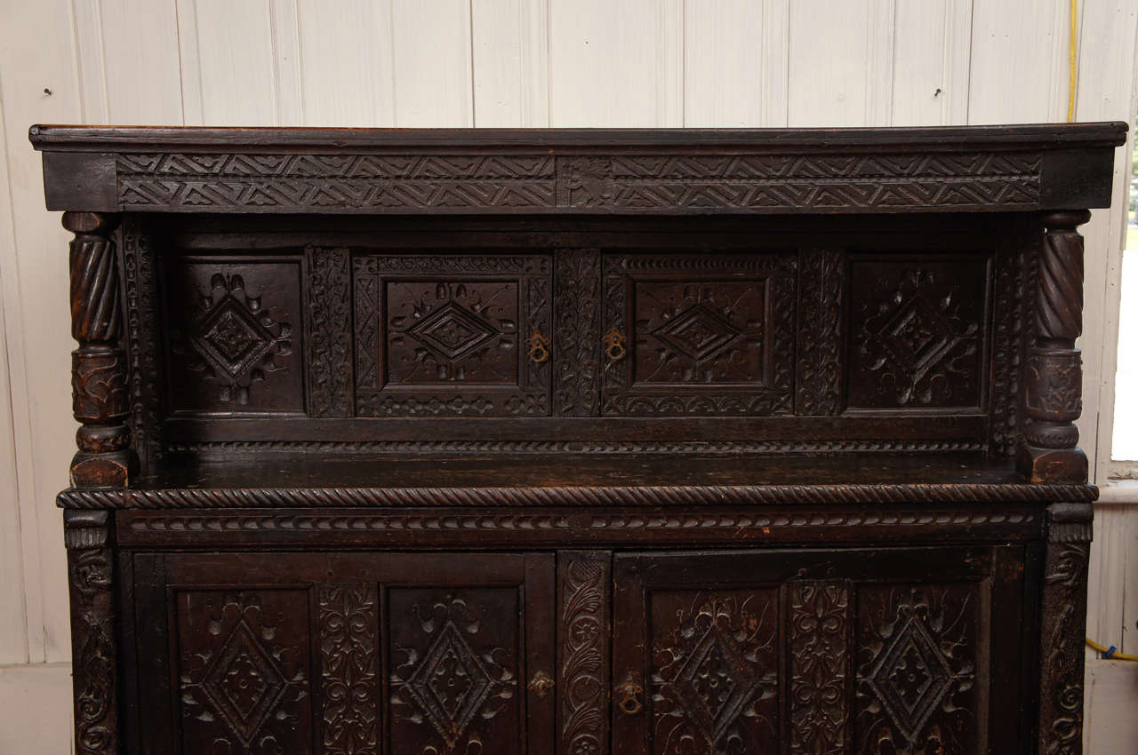 Hand-Carved 17th Century Jacobean Carved Oak Two-Piece Sideboard Cupboard For Sale