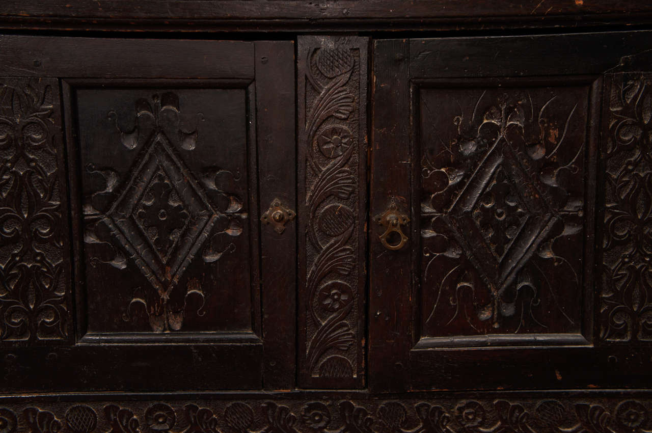 18th Century and Earlier 17th Century Jacobean Carved Oak Two-Piece Sideboard Cupboard For Sale