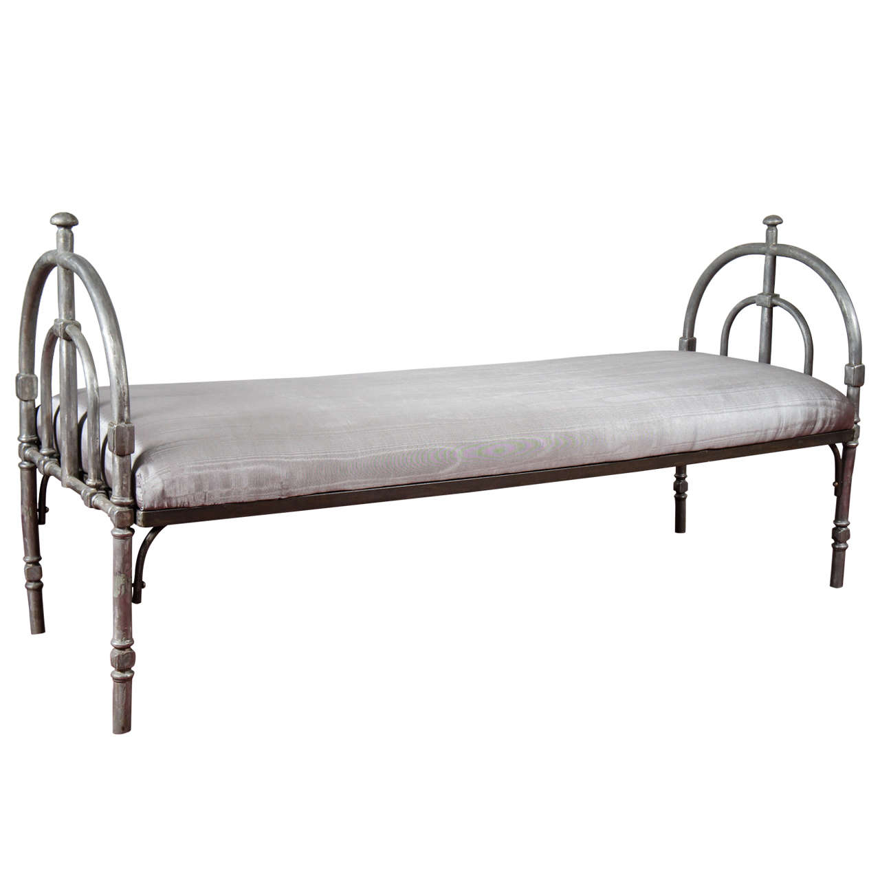 Neo-Classical Revival Silver Pewter Finish Metal Upholstered Bench