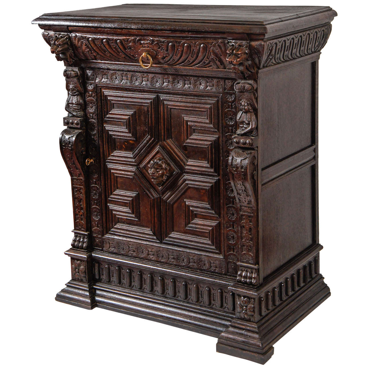 Antique Hand-Carved Oak Cabinet For Sale