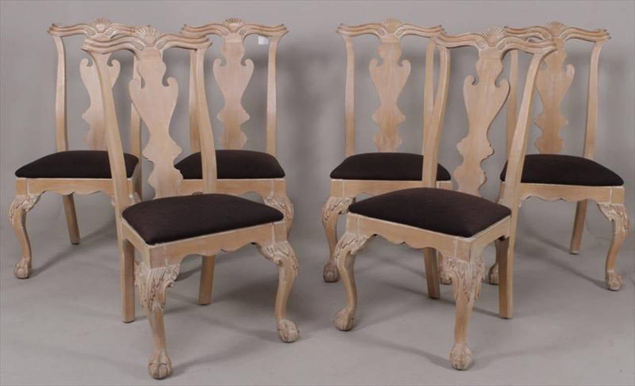 Set of six stylish Chippendale style dining chairs made by Century Chair Company in scrubbed white finish, upholstered seats, bares makers label.