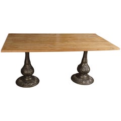 Used Indoor or Outdoor Teak Table on Twin Metal Pedestal Base
