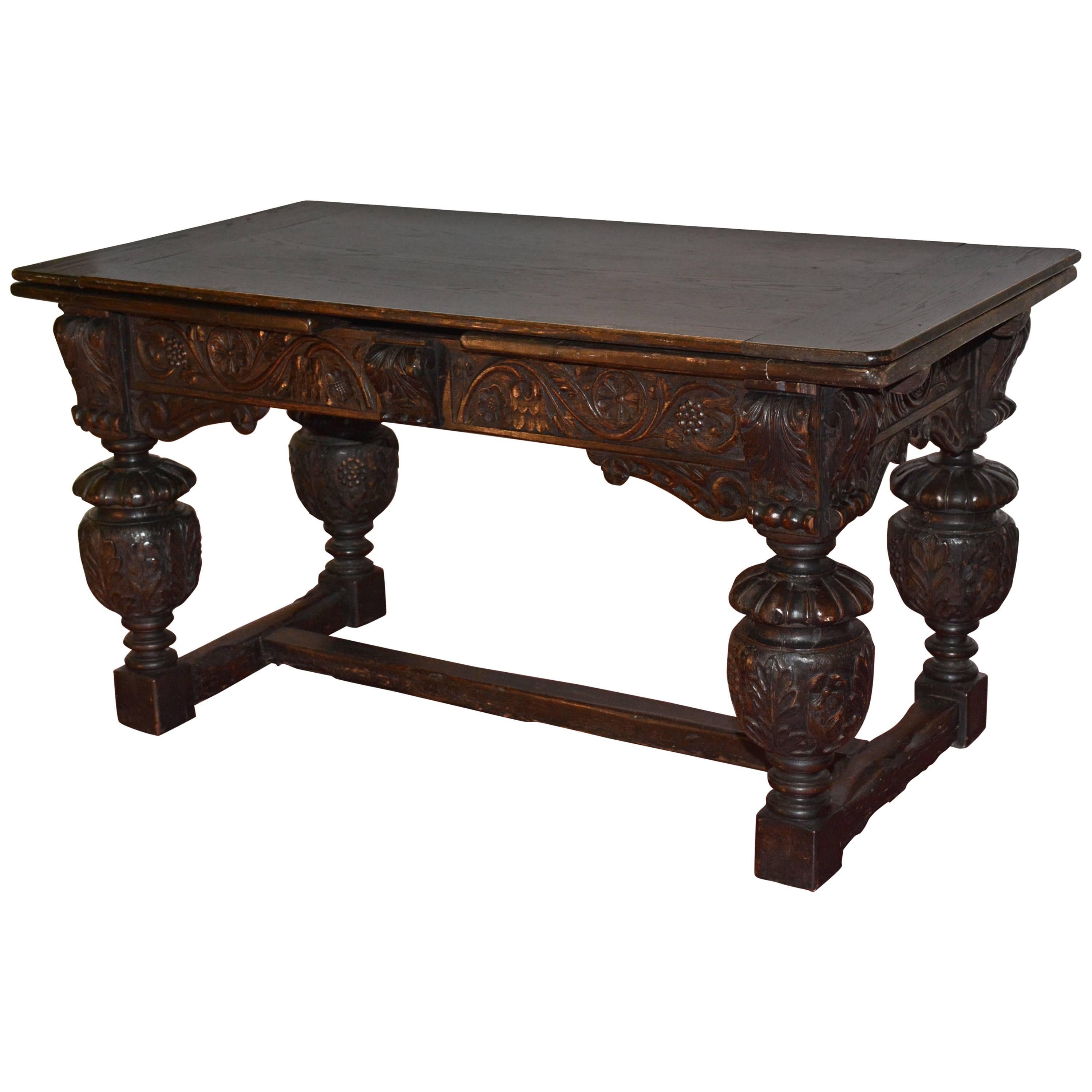 Elizabethan Style Hand-Carved Oak Library Table For Sale