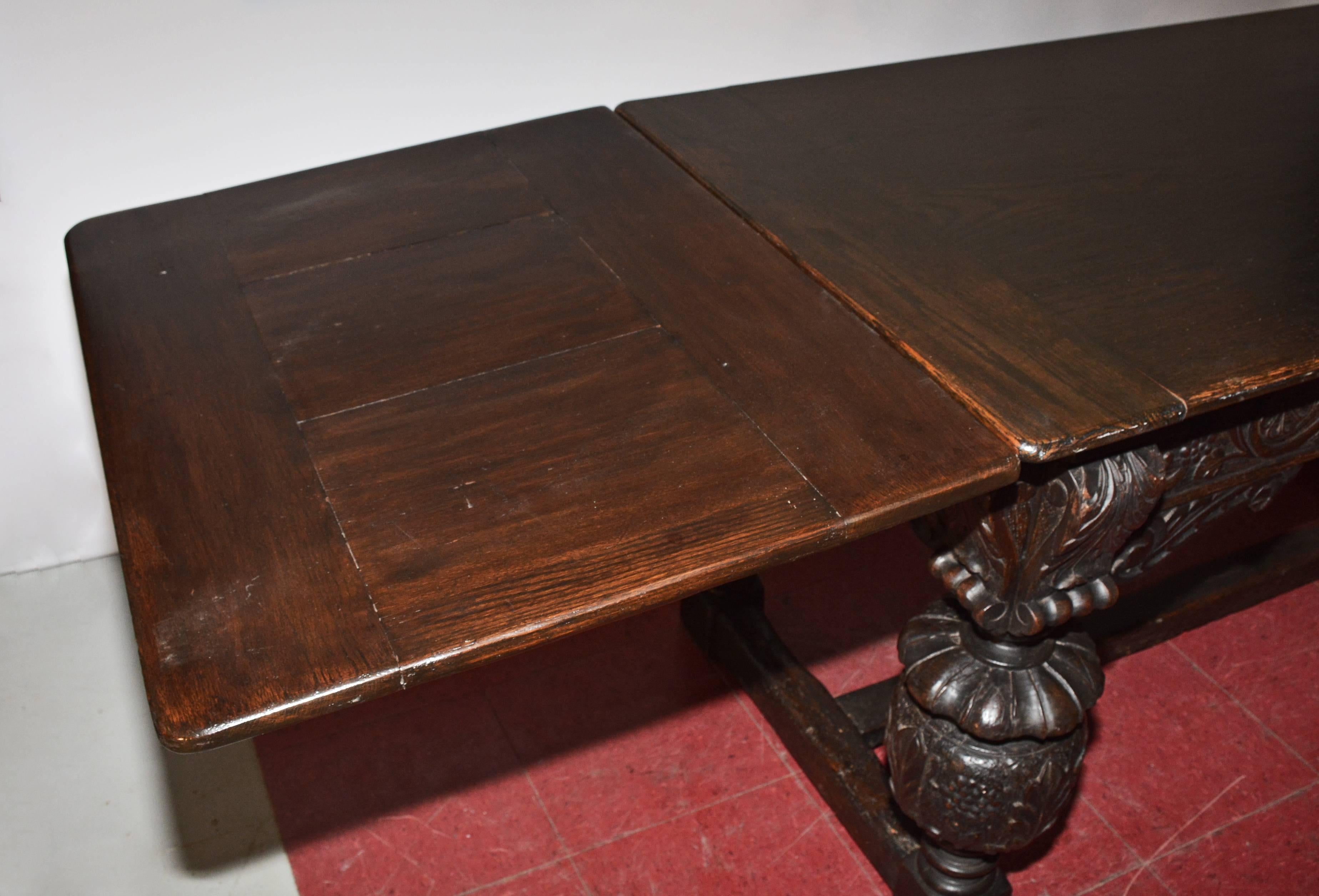 Jacobean Elizabethan Style Hand-Carved Oak Library Table For Sale