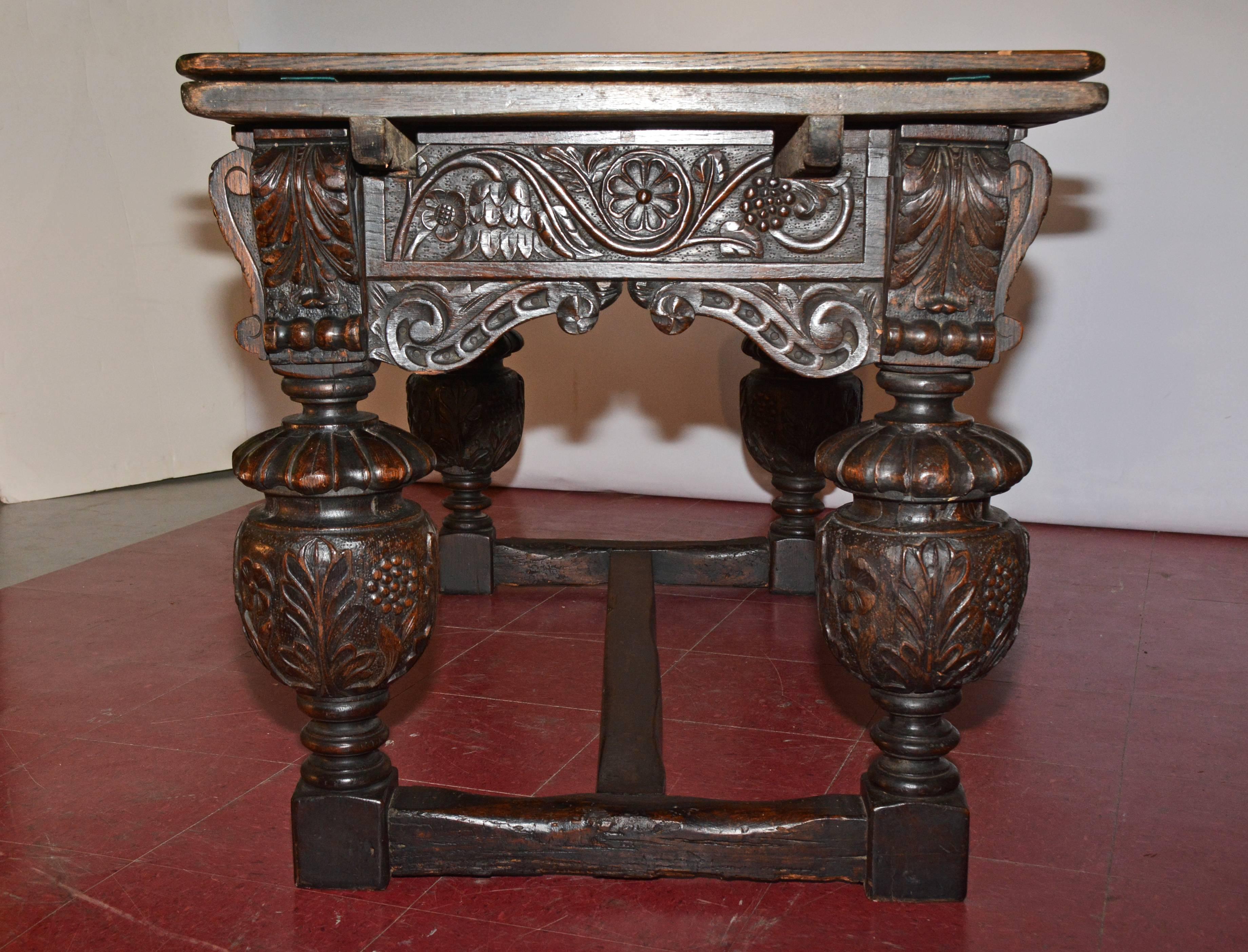 Elizabethan Style Hand-Carved Oak Library Table In Fair Condition For Sale In Sheffield, MA