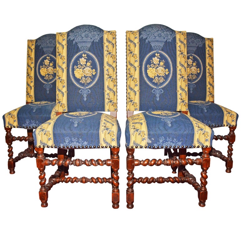 Four Jacobean Style Upholstered Dining Chairs For Sale at 1stDibs