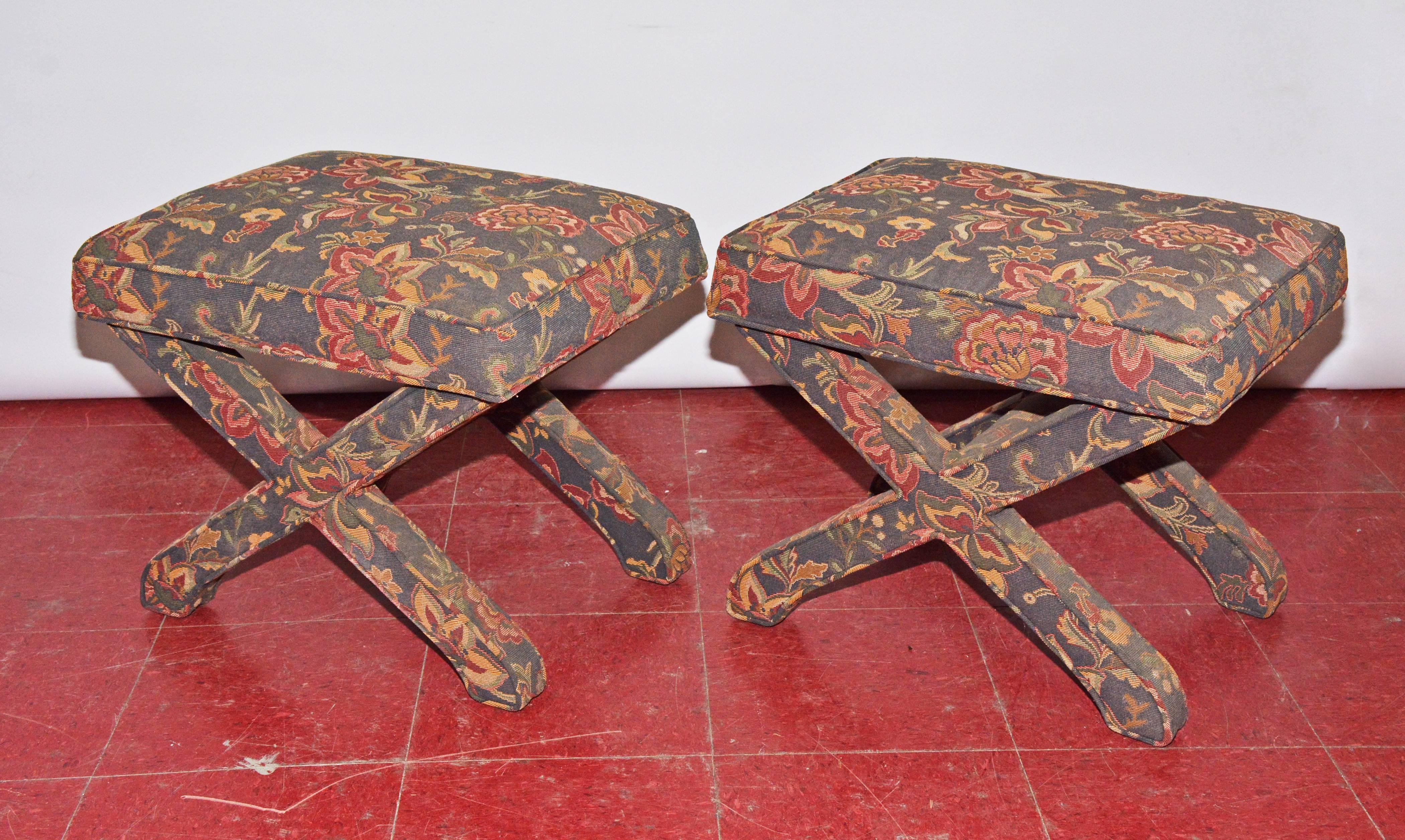 Mid-Century Modern Pair of Midcentury X-Base Billy Baldwin Style Benches or Footstools