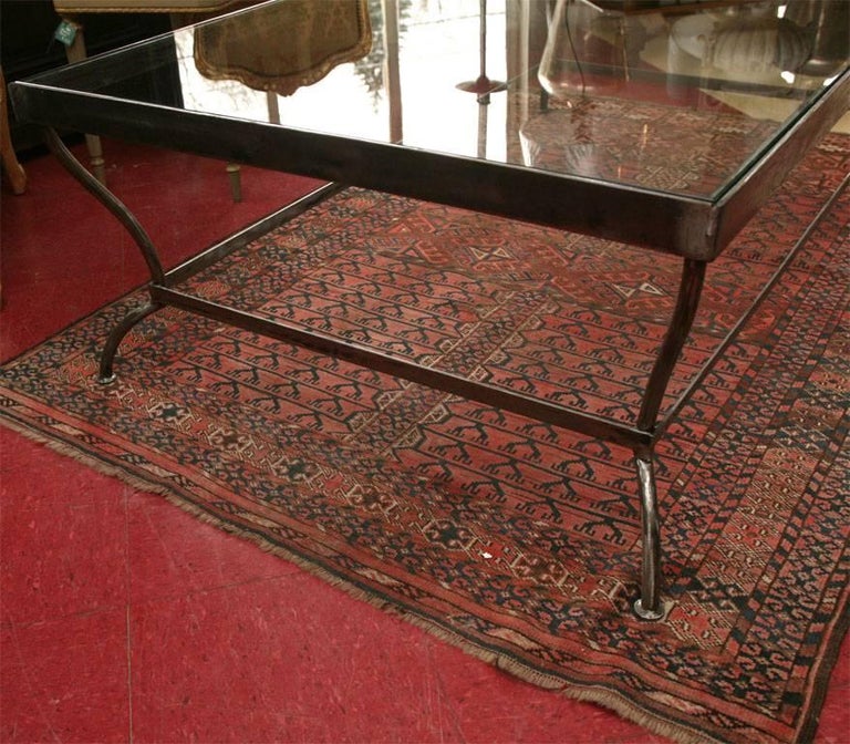 American Custom Made Glass and Polished Iron Coffee Table by BH & A For Sale