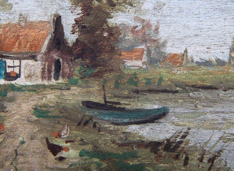 Paysage continental miniature, huile sur panneau, représentant une maison et un bateau amarré, initialisé ''W'' en bas à droite.