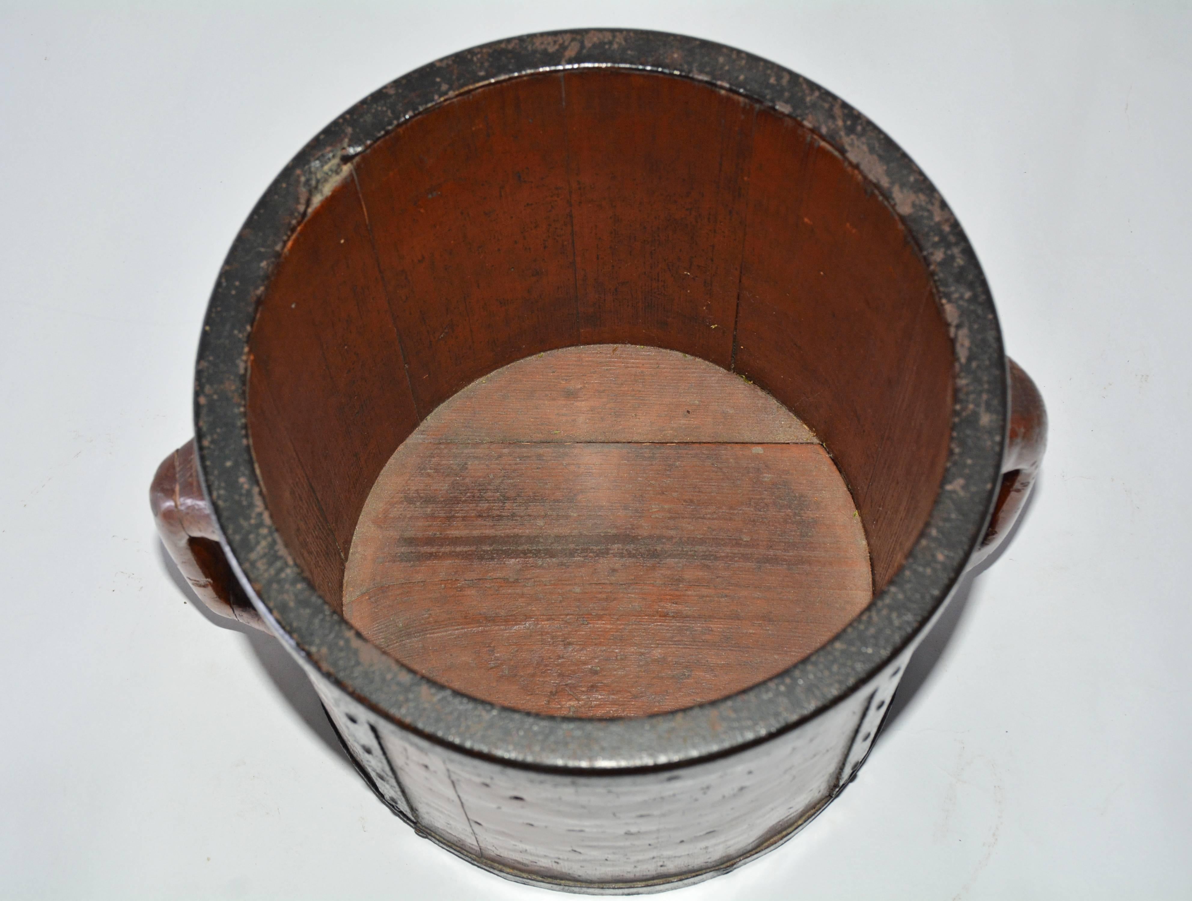 Forged Antique Chinese Two-Handled Wood Bucket