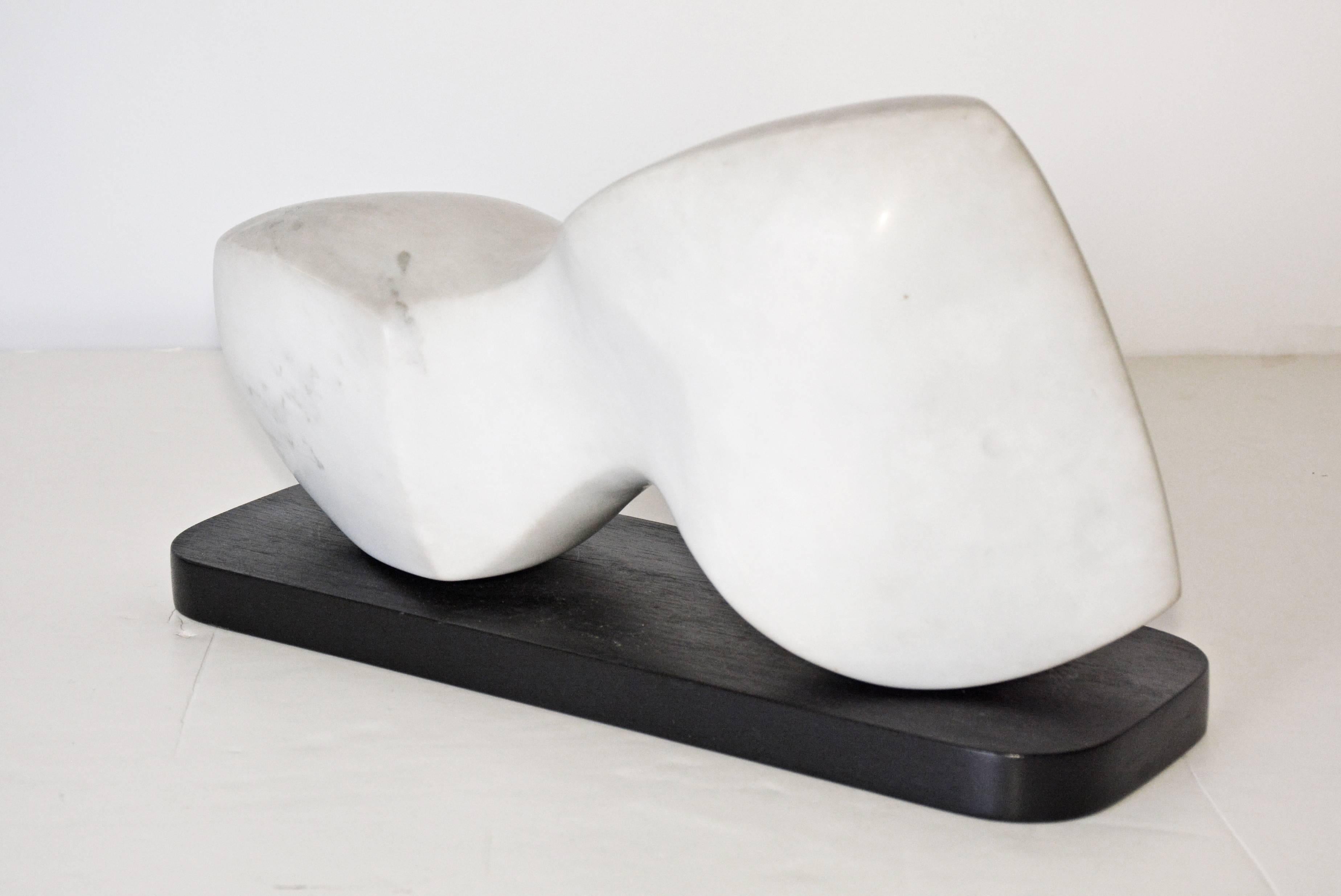 Hand-Carved Contemporary White Veined Marble Sculpture on Black Base
