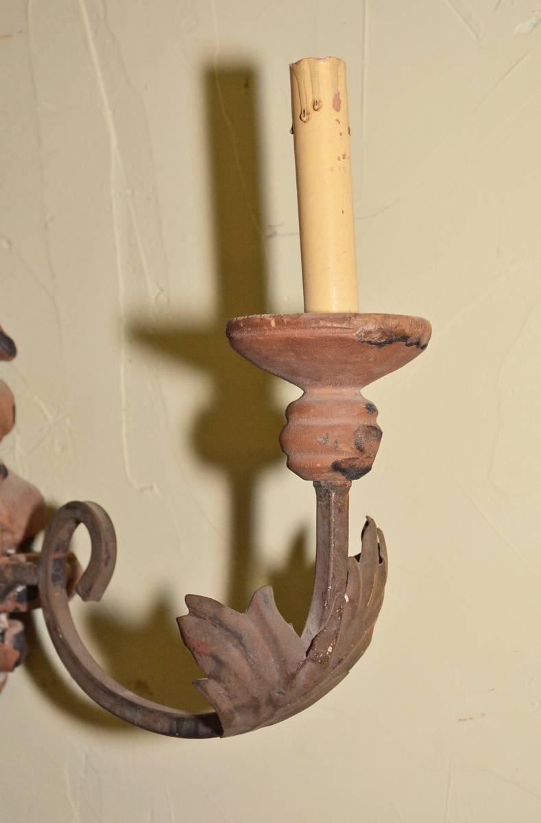 Hand-Crafted Italian Hand-Carved Wood and Iron Sconce For Sale