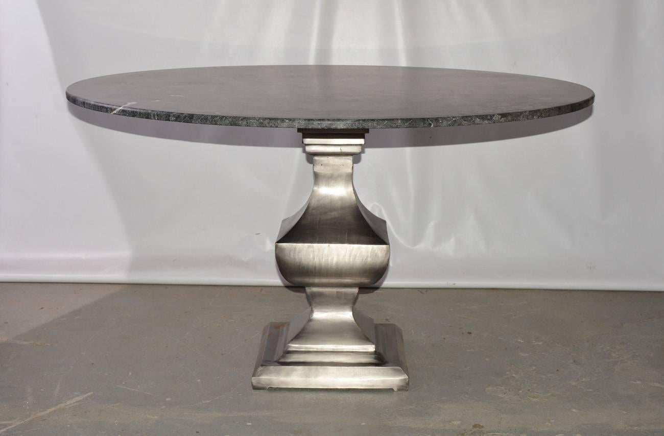 Classical urn shape pedestal base in nickel plated finish. Can be used indoor or outdoor as dining table or breakfast table with a top of your choice.  Listing does not include stone top shown.  Stone top for photography purposes only.  Two