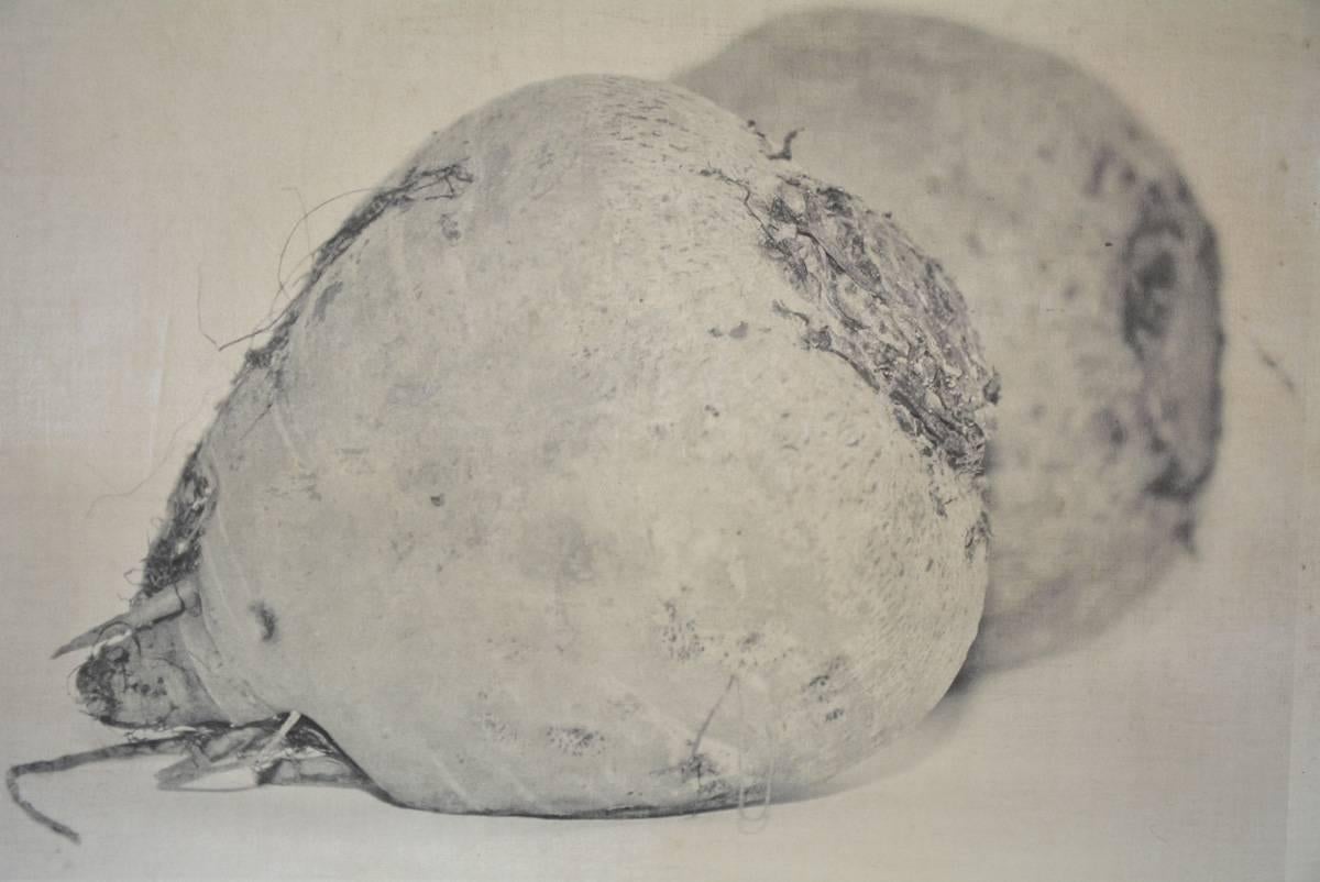 Caroline Kaars Sypesteyn of Berkshire Artisanal is the artist who has created this black-and-white photographic print on linen of a pair of red beets. Titled 