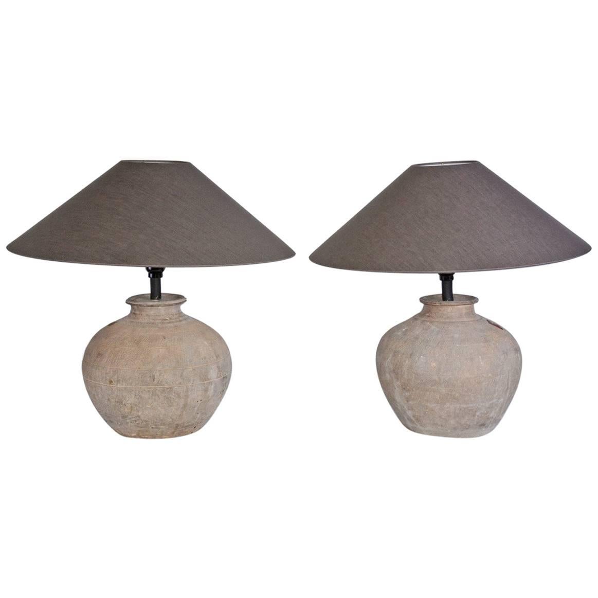 Pair of Antique Chinese Vessel Lamps With Shades