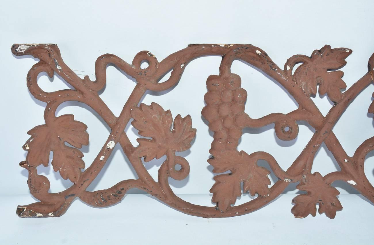 Decorative metal railing piece with grape motif makes a wonderful wall decoration piece. Can be hung vertical or horizontal.