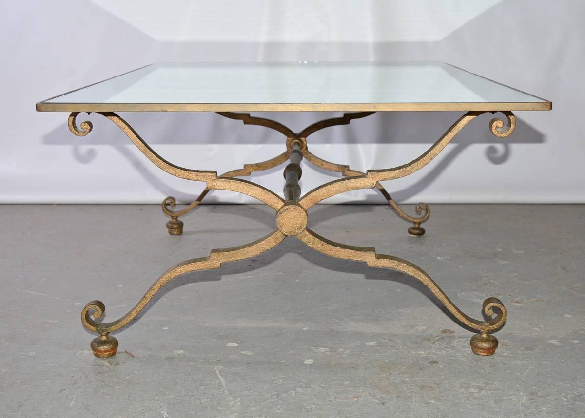 Art Deco Vintage Gilt Wrought Iron and Mirrored Coffee Table For Sale