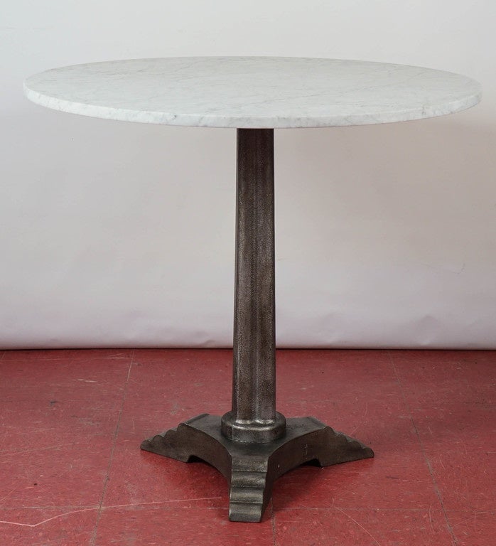 French Art Deco bistro gueridon pedestal garden or wine table with marble top. Great for a porch or small dining area in a kitchen.
