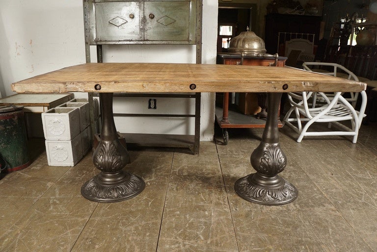 Industrial Combo Country Table of Wood and Cast Iron For Sale