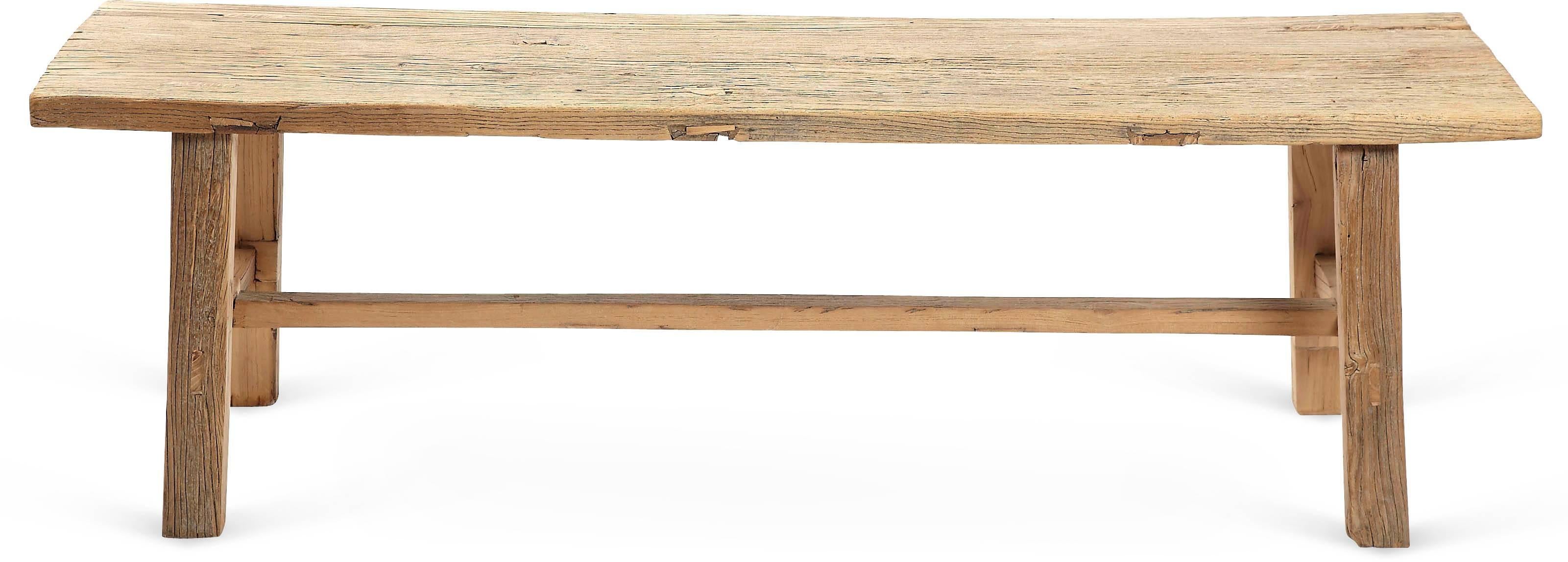 Rustic, country style elm wood bench made from reclaimed wood can be used as rustic coffee table or dining table seating.  Three similar benches are available.  