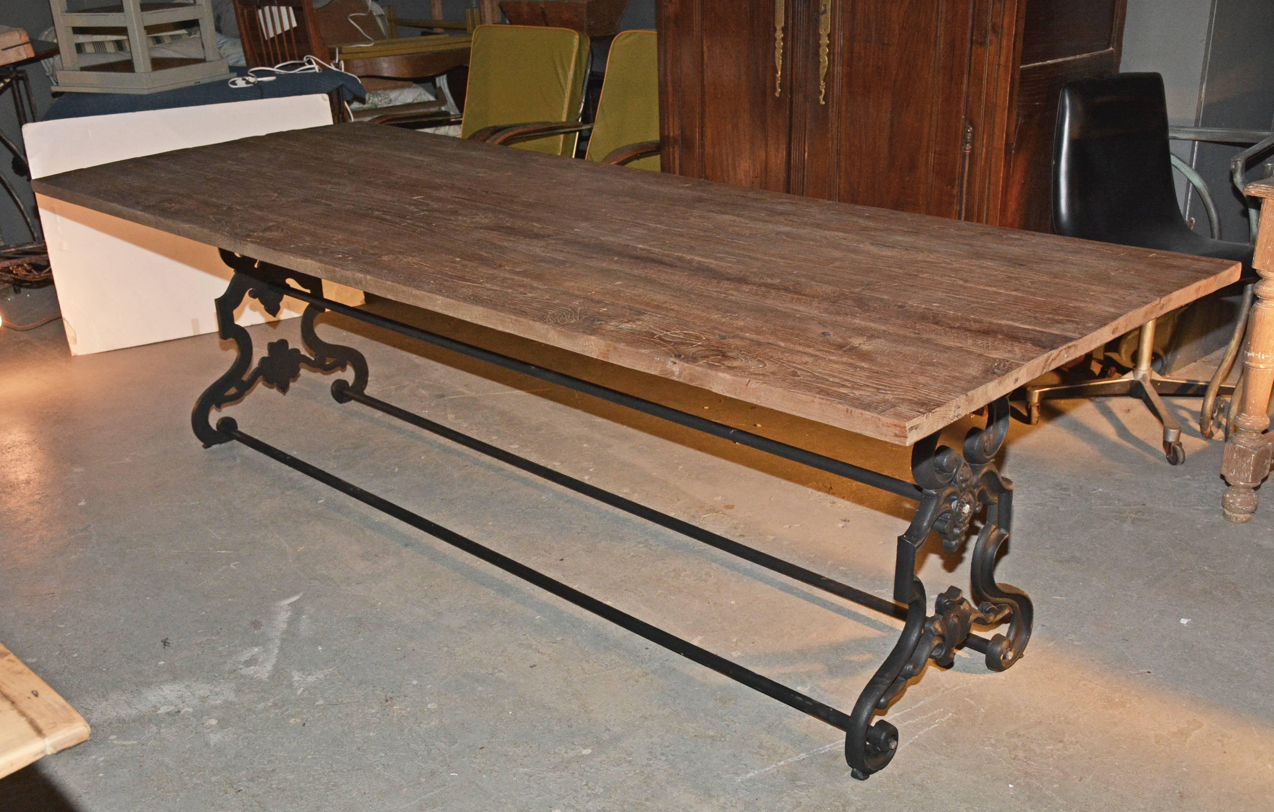 Baroque Spanish Renaissance Farm Style Metal Base Table with Teak Top