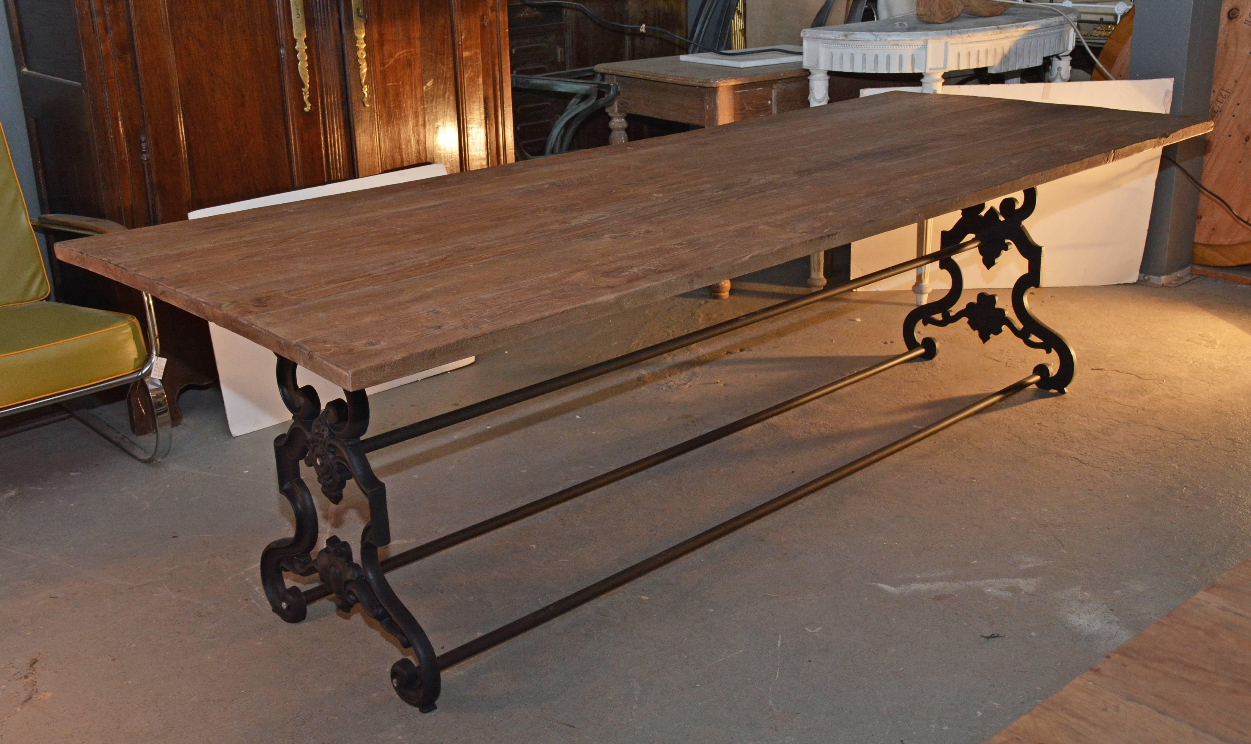 19th Century Spanish Renaissance Farm Style Metal Base Table with Teak Top