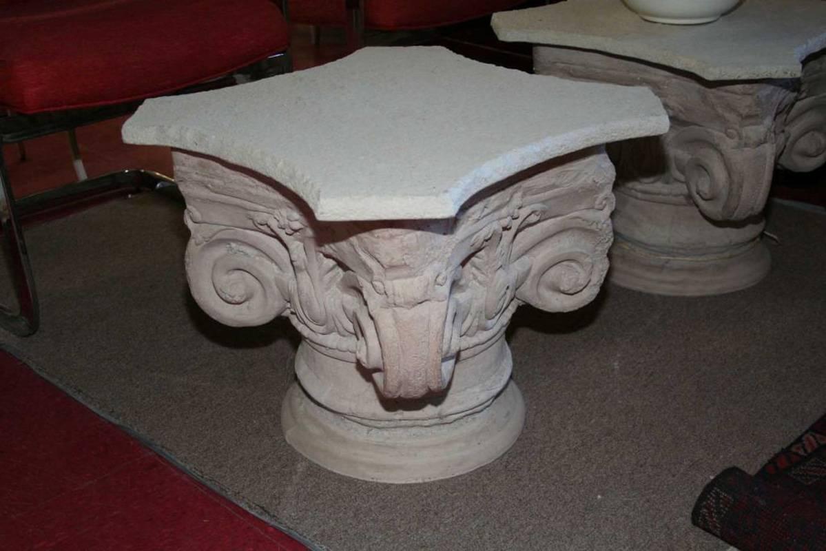 Pair of cast concrete Corinthian capitals perfect as side table, coffee tables or plinth. Can be used both indoor or outdoor. Also wonderful as architectural interest in a garden or solarium.