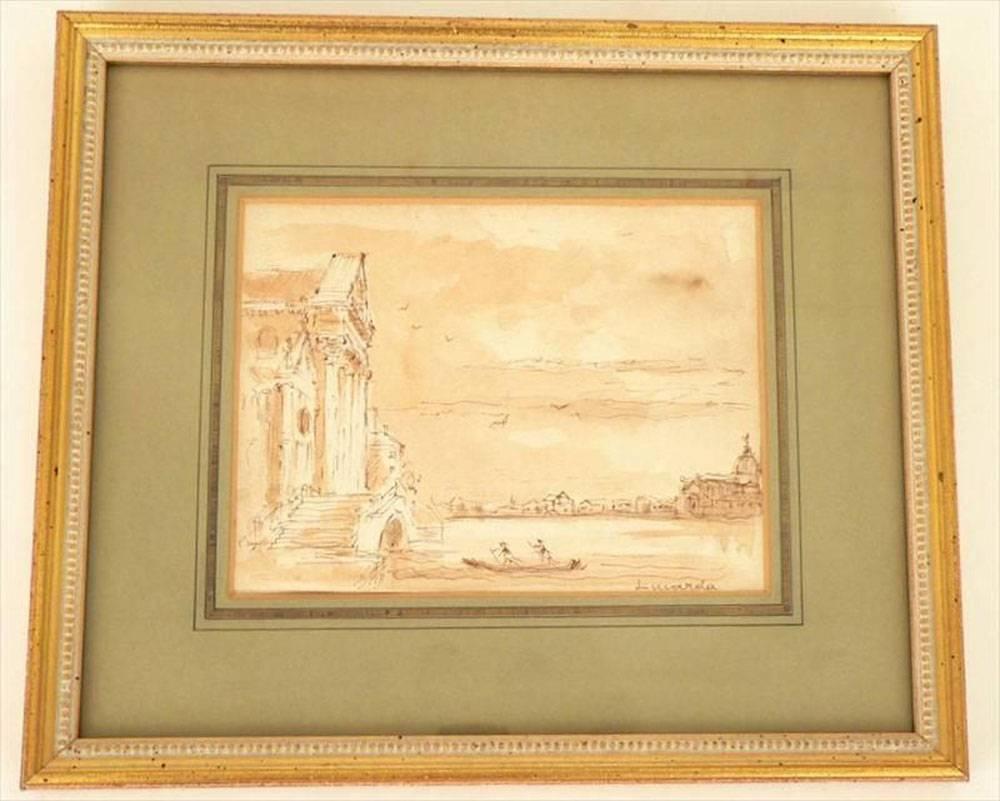 A small Venetian scene signed at the lower right corner.