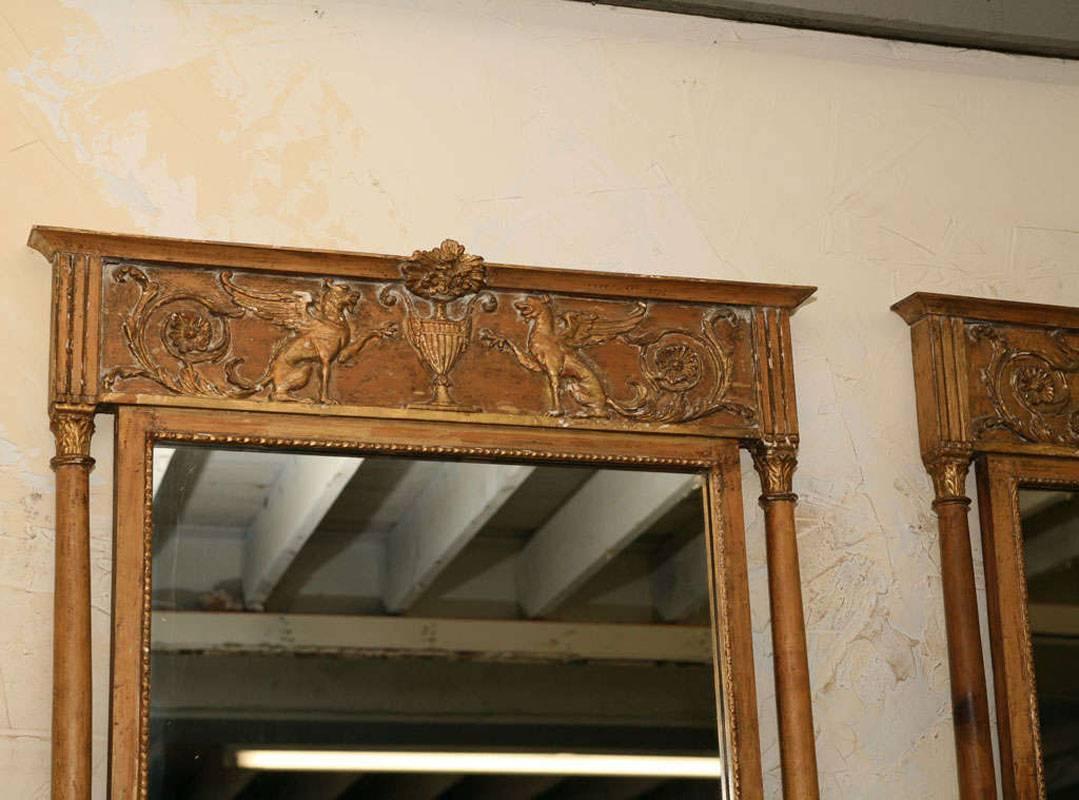 Neoclassical Pair of Gold Gilt Italian Mirror with Griffins