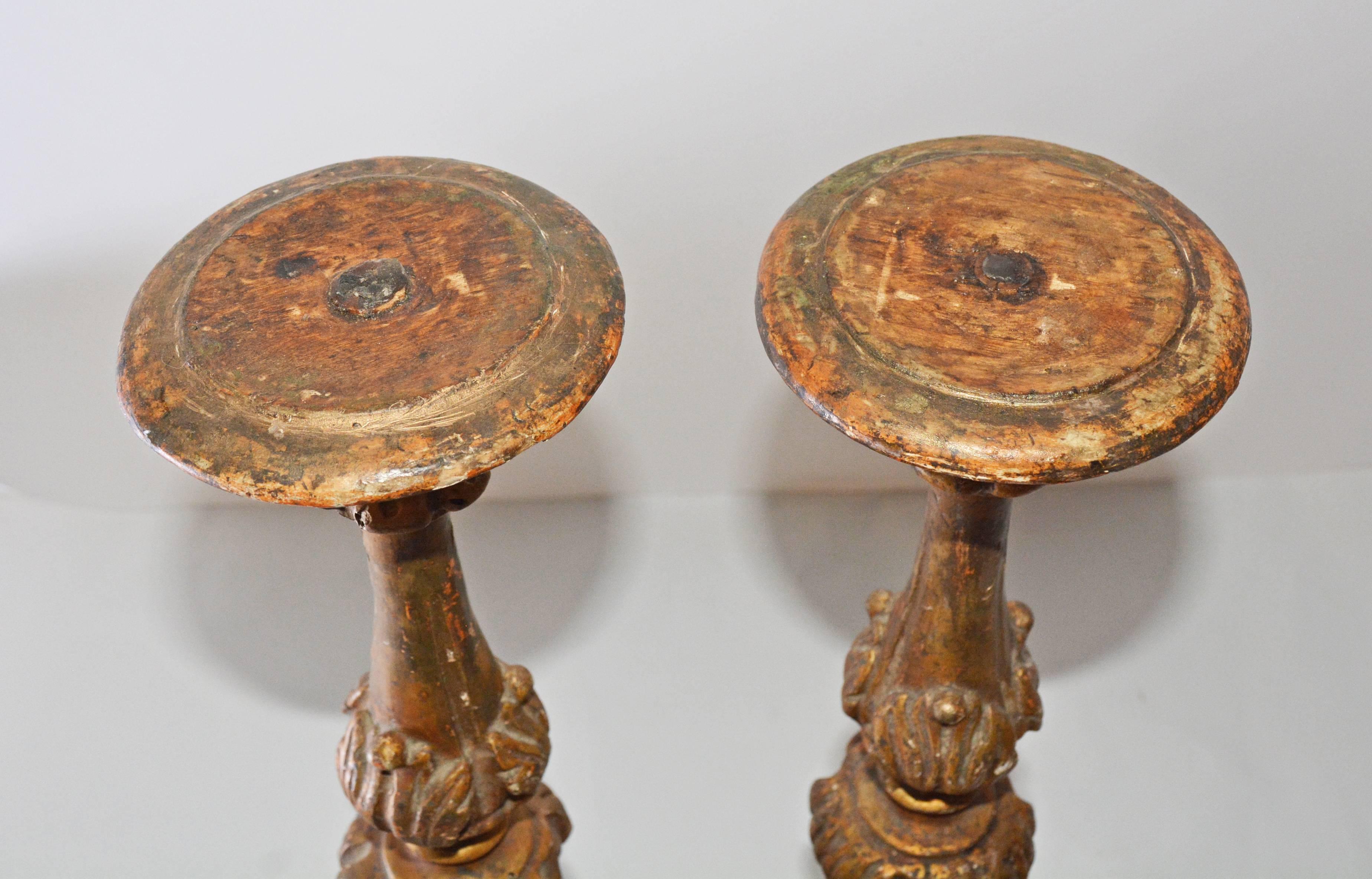 Hand-Carved 18th Century Italian Giltwood Altar Candlesticks