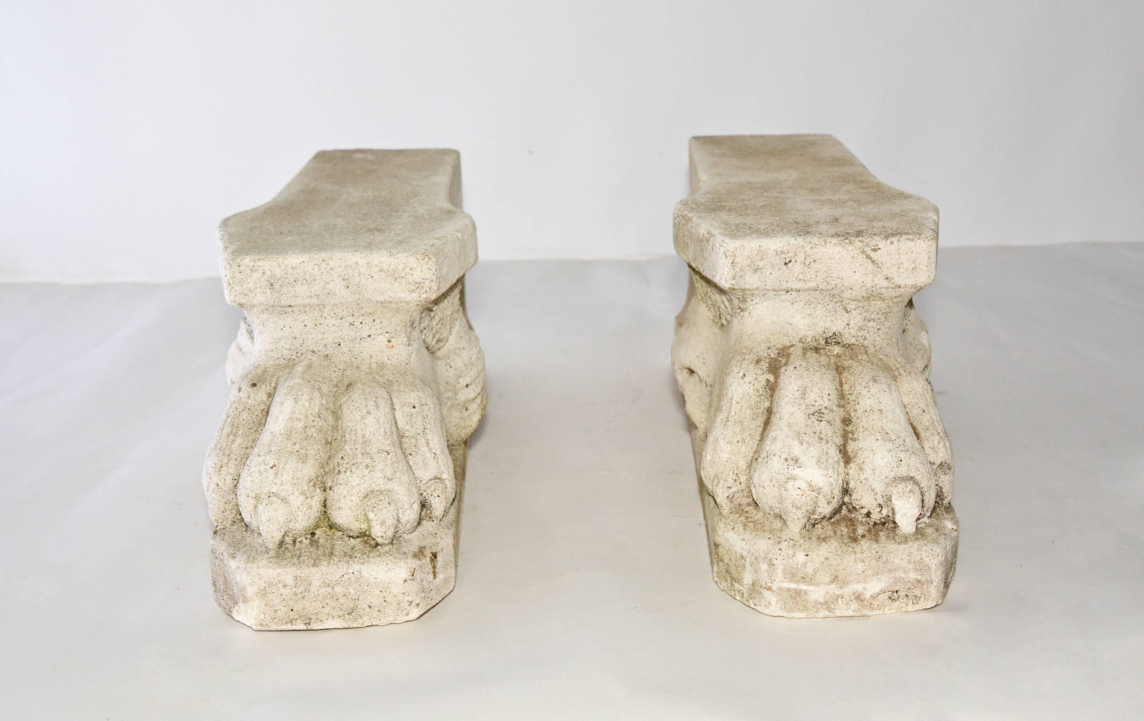 The pair of antique furry lion paw support for either planter or cassone are sculpted in stone. Great as stand alone sculptures.