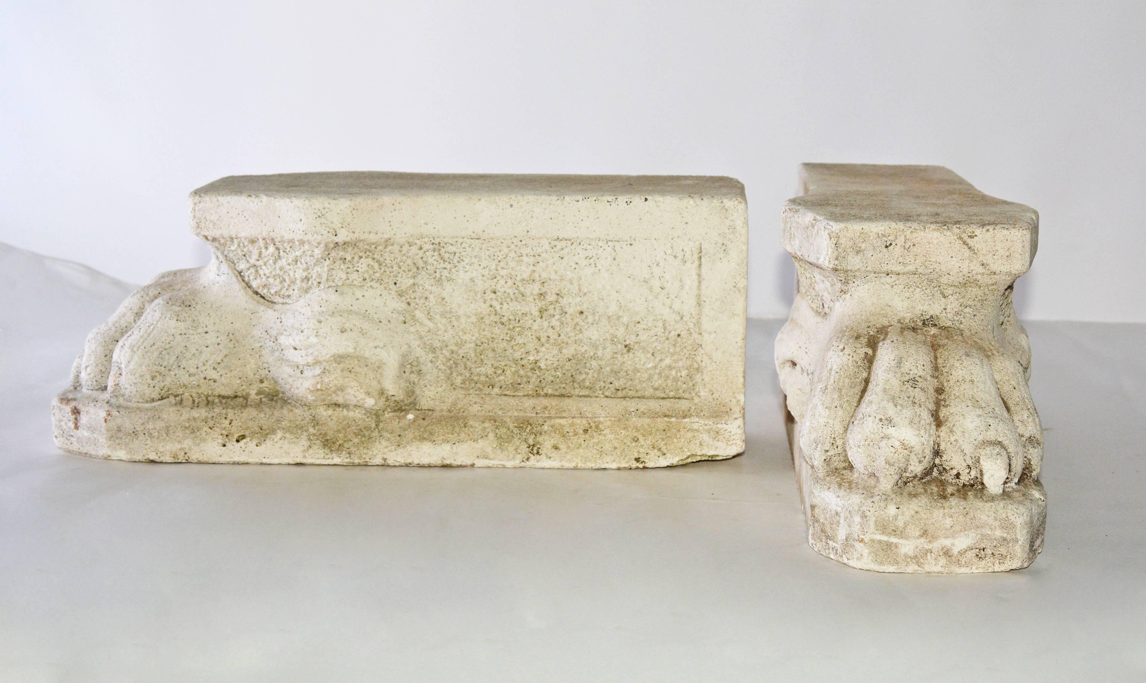 Classical Roman Antique Stone Sculpted Lion Paw Pedastals, Pair